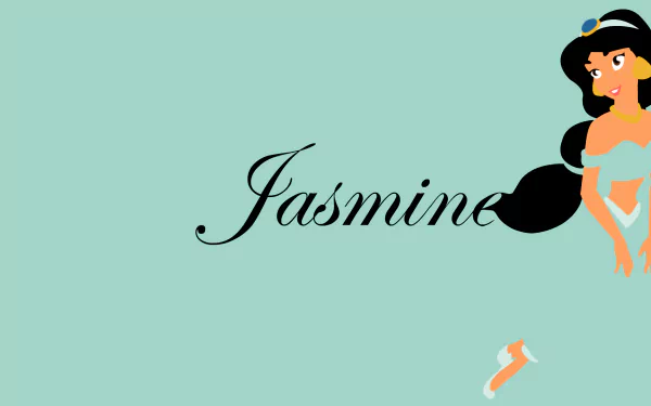 HD PC desktop wallpaper featuring Princess Jasmine from the 1992 movie Aladdin with her name in elegant script on a light teal background.