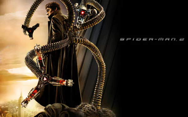 Alfred Molina as Doc Ock in a dramatic scene from Spider-Man 2, featuring his iconic mechanical tentacles against a city skyline backdrop. HD desktop wallpaper and background.