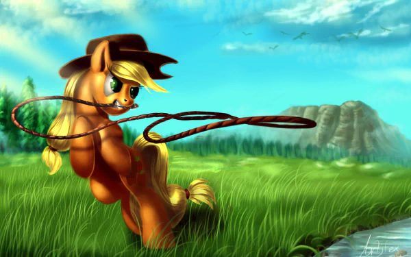 HD PC desktop wallpaper of Applejack from the TV show My Little Pony: Friendship Is Magic, twirling her lasso in a sunlit grassy field beneath a bright blue sky.