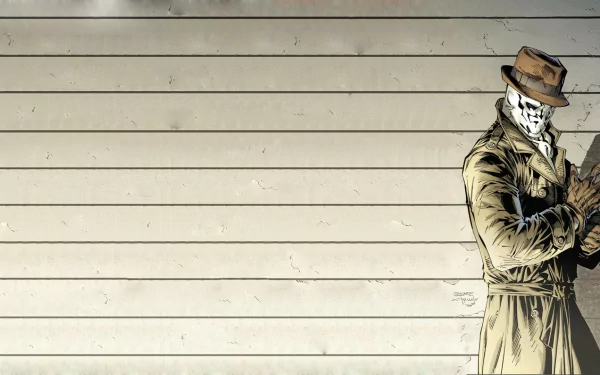 A high-definition desktop wallpaper featuring a character from Watchmen, depicted in a trench coat and hat, standing against a textured white wall.