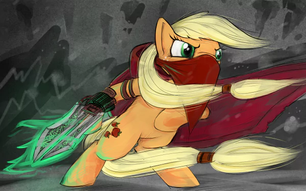 HD PC desktop wallpaper of Applejack (My Little Pony: Friendship Is Magic) as a masked, cloaked warrior with braided mane, brand visible, wielding a glowing green dagger against a stormy backdrop.