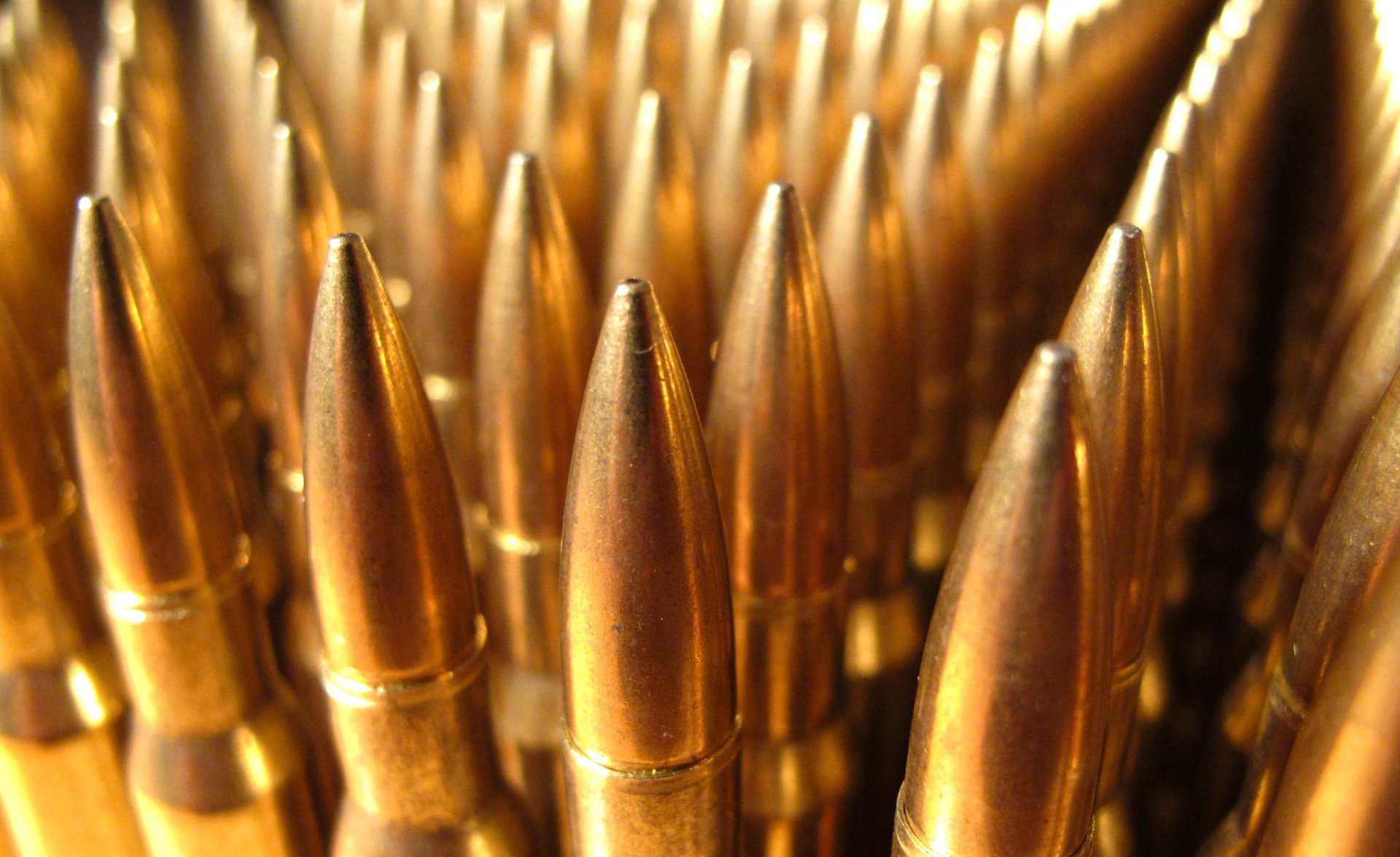 Close-up of numerous man-made bullets arranged in rows, captured in high definition as a PC desktop wallpaper and background.