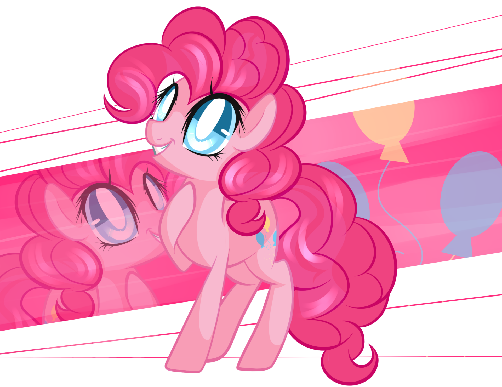 Pinkie Pie from the TV show My Little Pony: Friendship Is Magic — bright pink 2K Quad HD PC desktop wallpaper showing cheerful Pinkie with balloons and a mirrored striped background.