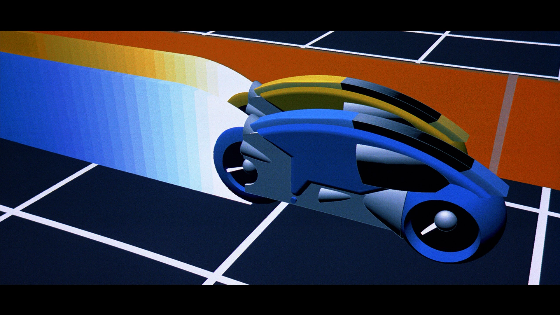 Tron movie HD PC desktop wallpaper background: sleek blue lightcycle streaking across a glowing neon grid with a multicolored light trail