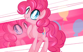 Pinkie Pie from the TV show My Little Pony: Friendship Is Magic — bright pink 2K Quad HD PC desktop wallpaper showing cheerful Pinkie with balloons and a mirrored striped background.