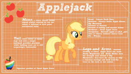 HD PC wallpaper of Applejack (My Little Pony) from the TV show My Little Pony: Friendship Is Magic — orange pony with apples and profile text on an orange blueprint-style background.