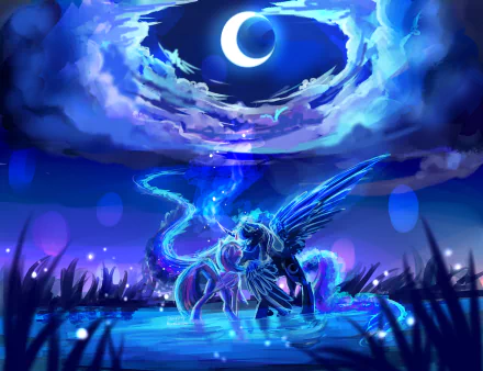 HD wallpaper of Twilight Sparkle and Princess Luna from My Little Pony: Friendship Is Magic, set against a mystical moonlit backdrop.