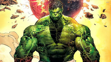 HD desktop wallpaper of the Hulk from a comic, depicted with intense, vibrant colors and dynamic shards flying around him.