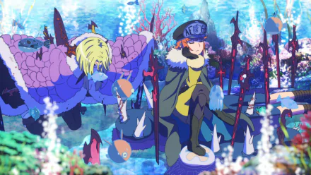 HD PC desktop wallpaper/background: anime scene from Witch Craft Works featuring Chronoire Schwarz VI and an ally amid a colorful underwater battlefield.