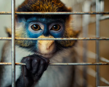 HD PC desktop wallpaper of a close-up of a colorful monkey with expressive eyes behind metal bars.
