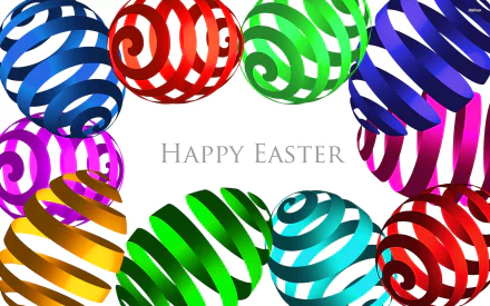 Brightly colored striped Easter eggs form a festive border around the Happy Easter message in this HD PC desktop wallpaper celebrating the holiday.