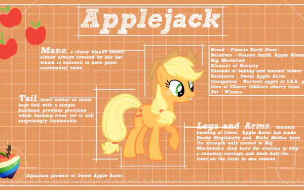 HD PC wallpaper of Applejack (My Little Pony) from the TV show My Little Pony: Friendship Is Magic — orange pony with apples and profile text on an orange blueprint-style background.
