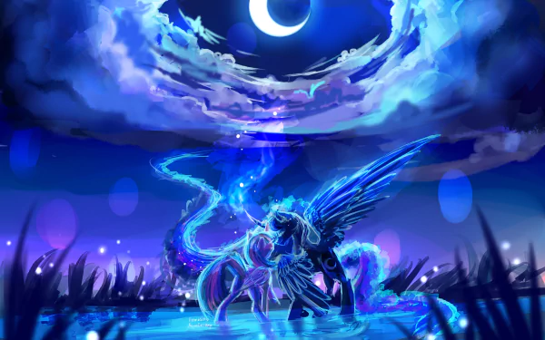 HD wallpaper of Twilight Sparkle and Princess Luna from My Little Pony: Friendship Is Magic, set against a mystical moonlit backdrop.
