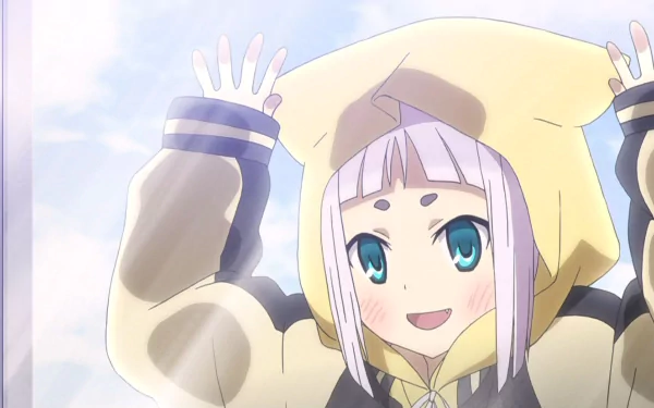 Anime-style HD PC desktop wallpaper from Tokyo Ravens featuring a cheerful character with light purple hair and a yellow hooded jacket against a bright sky background.