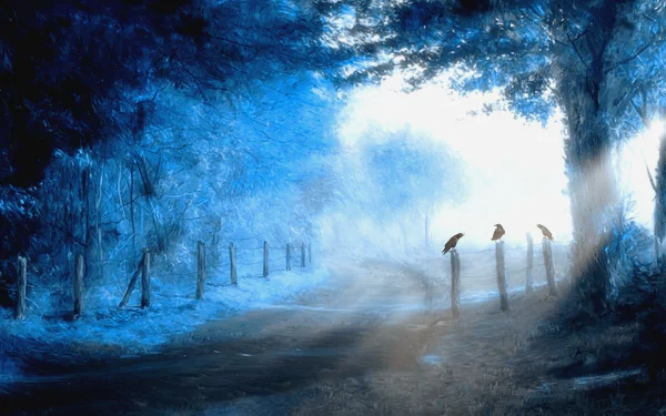HD PC desktop wallpaper featuring a serene, misty blue forest path with three ravens perched on fence posts in a calm, atmospheric setting.