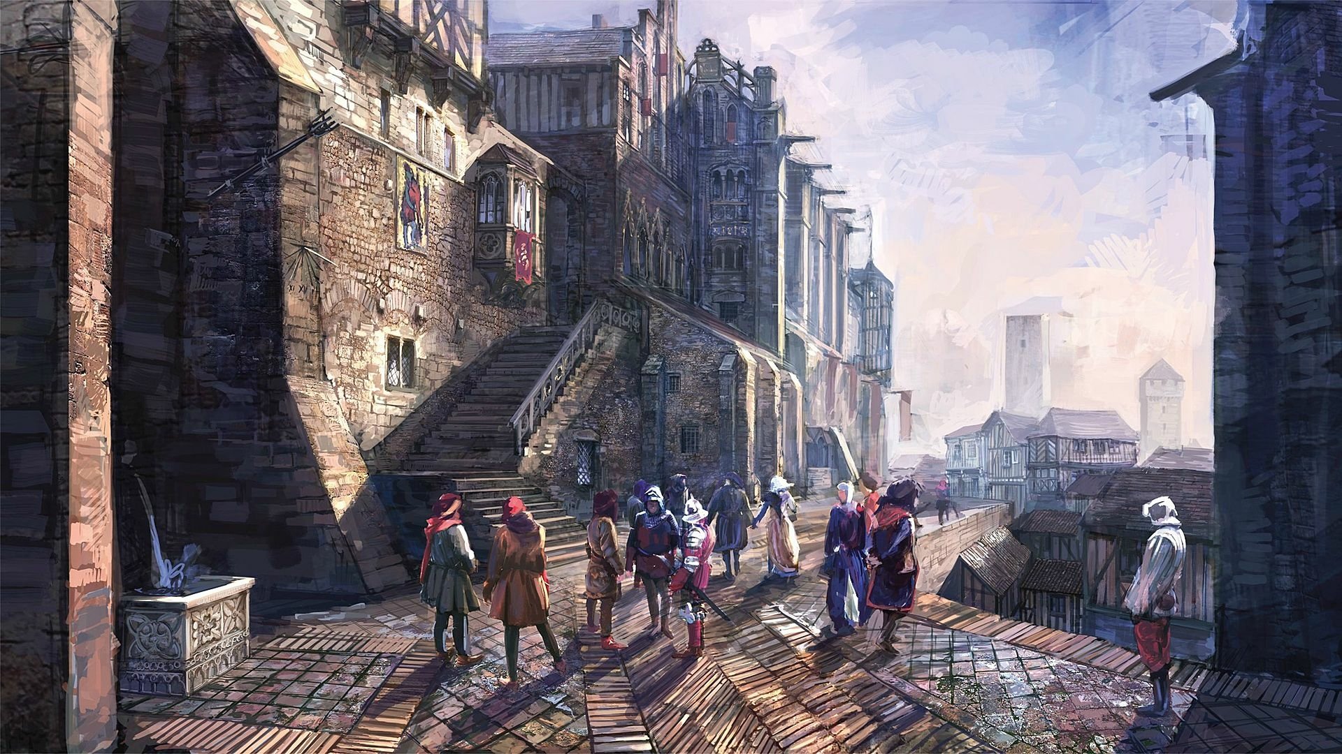 HD PC desktop wallpaper featuring a detailed city scene from the video game The Witcher 3: Wild Hunt, showcasing characters walking along sunlit cobblestone streets.