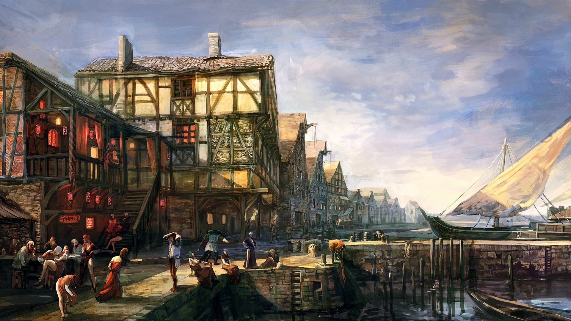 HD PC desktop wallpaper of a bustling harbor town from The Witcher 3: Wild Hunt video game, showcasing detailed medieval architecture and townspeople.