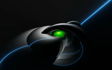 Abstract artistic design featuring a sleek, curved black form with a glowing green core and intersecting blue light lines, rendered as an HD PC desktop wallpaper.