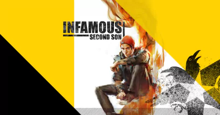 HD PC desktop wallpaper and background for inFAMOUS: Second Son showing the protagonist seated against a yellow-black-white geometric backdrop with the game logo and a graffiti-style raven.