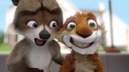 HD PC desktop wallpaper featuring characters from the movie Over the Hedge with bright, expressive faces in a suburban setting.