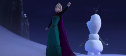 Olaf and Elsa from the movie Frozen stand in a snowy landscape, with Elsa waving gracefully. This HD desktop wallpaper captures a magical moment from the beloved film.