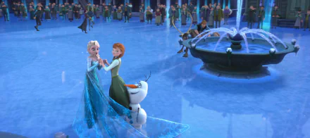 A vibrant HD wallpaper featuring Elsa, Anna, Olaf, Kristoff, and Sven from Disney's Frozen, set against a snowy backdrop with a fountain and a bustling crowd.
