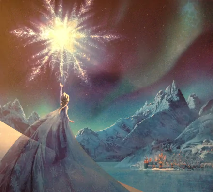 HD PC desktop wallpaper featuring Elsa from Frozen, holding a glowing ice wand under the northern lights above snowy mountains from the Frozen movie.