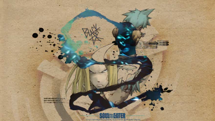 HD desktop wallpaper featuring Mifune from the anime Soul Eater. The artwork embodies dynamic, fluid strokes with contrasting characters set against a textured beige background.
