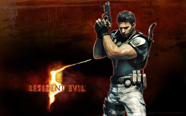 HD desktop wallpaper of Resident Evil 5 featuring a character in a combat stance against a dark, fiery background with the game title on the left.