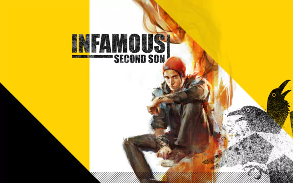 HD PC desktop wallpaper and background for inFAMOUS: Second Son showing the protagonist seated against a yellow-black-white geometric backdrop with the game logo and a graffiti-style raven.