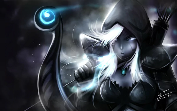 Drow Ranger from DotA 2 stands poised with her bow, surrounded by an ethereal glow, in this striking HD desktop wallpaper capturing her mystical essence in the game.