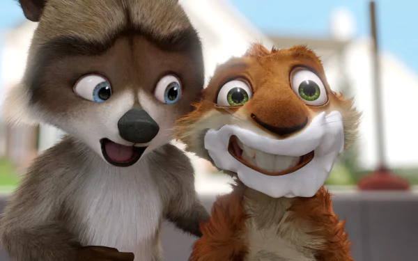 HD PC desktop wallpaper featuring characters from the movie Over the Hedge with bright, expressive faces in a suburban setting.
