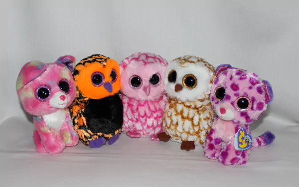 A lineup of five colorful, man-made Beanie Boo plush toys displayed against a plain background, captured in 4K Ultra HD for a PC desktop wallpaper.