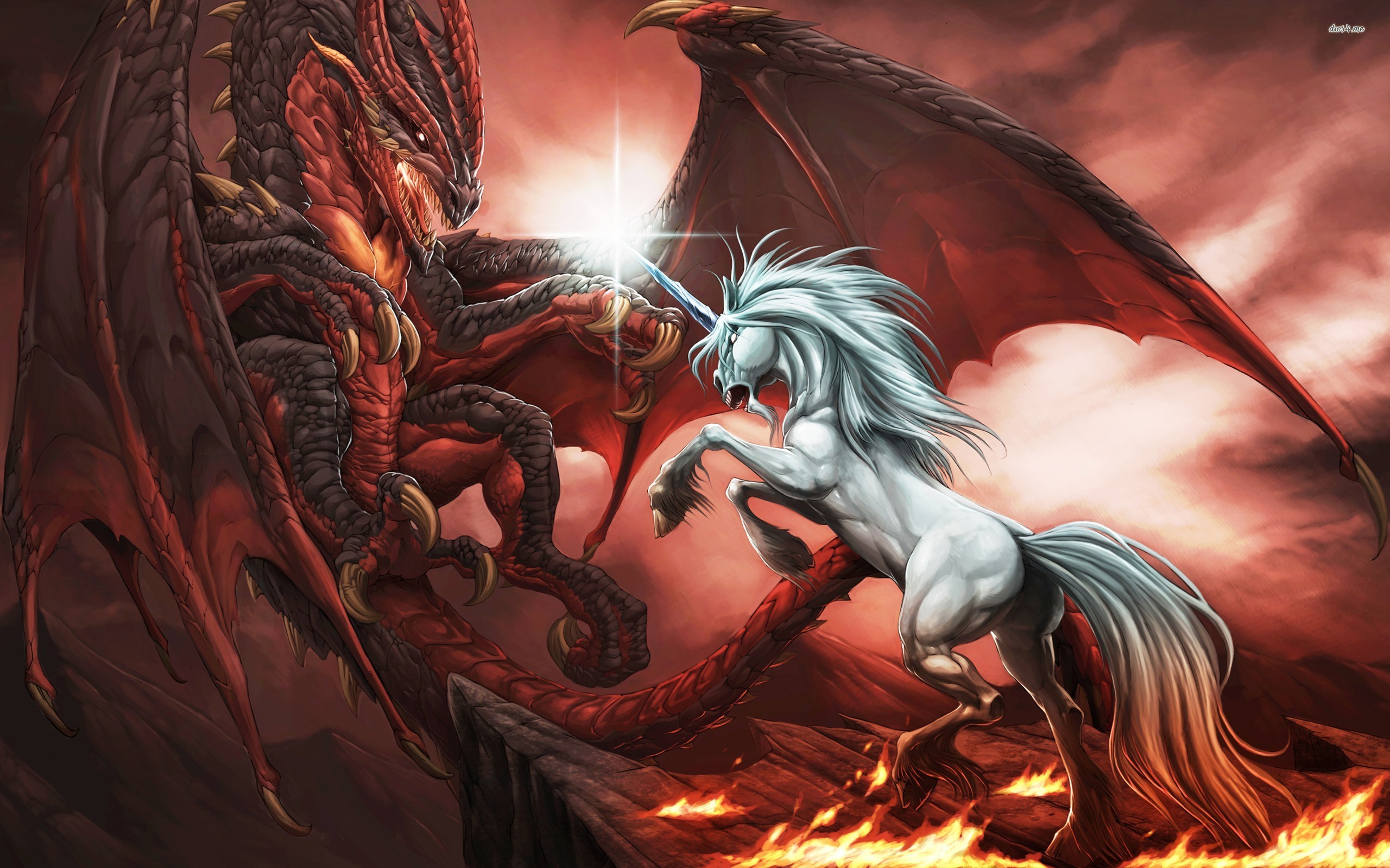 HD desktop wallpaper featuring a dramatic fantasy scene with a fierce dragon and a majestic unicorn in a fiery landscape.