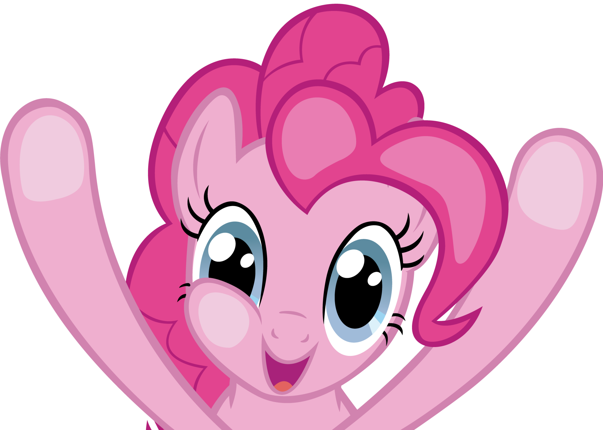 Pinkie Pie from TV show My Little Pony: Friendship Is Magic, cheerful close-up with arms raised — bright 2K Quad HD PC desktop wallpaper/background.