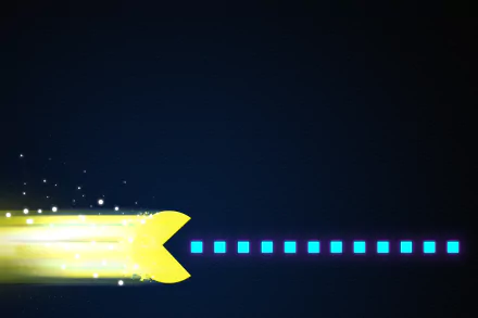 HD desktop wallpaper featuring a stylized yellow Pac-Man with a glowing trail, chasing blue dots on a dark background, themed around the video game Pac-Man.