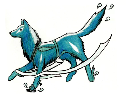 HD PC desktop wallpaper showing a stylized blue fantasy wolf with a flowing mane and ribbon-like swirls on a white background.