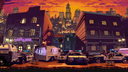 HD PC desktop wallpaper from the video game Marvel Super Heroes vs. Street Fighter: orange twilight skyline over a gritty city street with police cars, a camper van and neon café-bar.