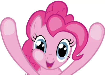 Pinkie Pie from TV show My Little Pony: Friendship Is Magic, cheerful close-up with arms raised — bright 2K Quad HD PC desktop wallpaper/background.
