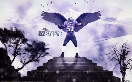 HD desktop wallpaper featuring Baltimore Ravens linebacker Ray Lewis with wings spread, standing on steps against a dramatic cloudy sky background in a football-themed design.