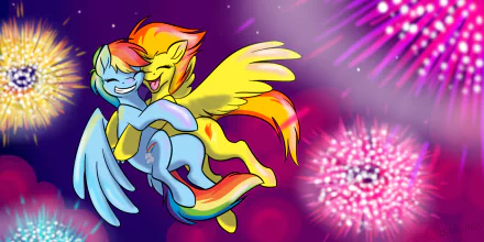 HD desktop wallpaper featuring Spitfire and Rainbow Dash from My Little Pony: Friendship Is Magic, set against a vibrant background with colorful fireworks.
