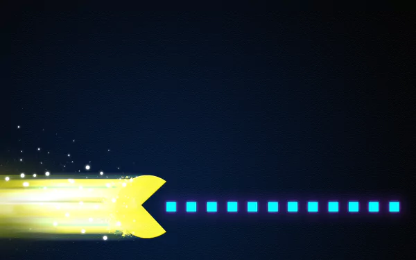 HD desktop wallpaper featuring a stylized yellow Pac-Man with a glowing trail, chasing blue dots on a dark background, themed around the video game Pac-Man.