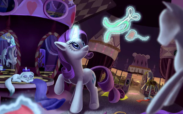 Rarity from My Little Pony: Friendship Is Magic stands in her boutique, showcasing opalescent colors and magical elements against a whimsical backdrop, capturing the enchanting world of the TV show.