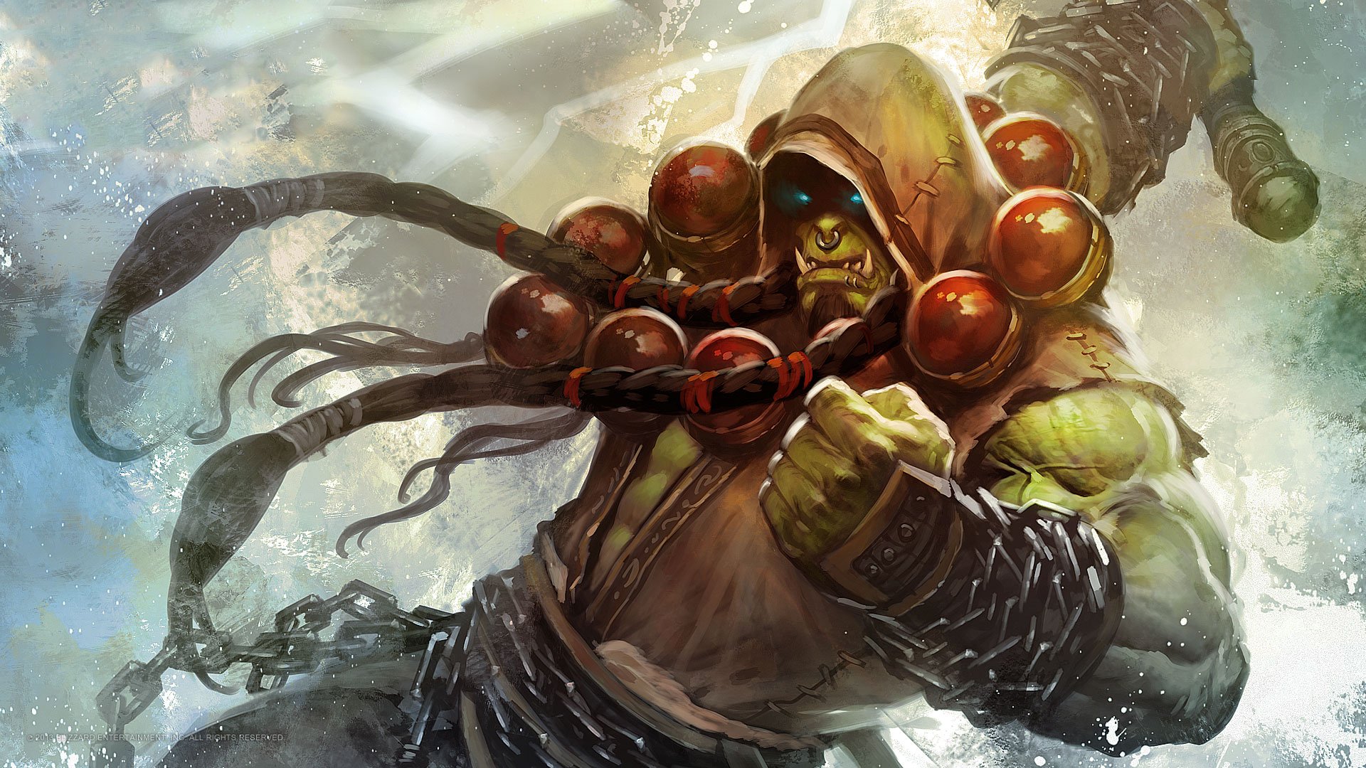 HD desktop wallpaper featuring an orc warrior from the video game World of Warcraft, surrounded by dynamic action and mystical energy.