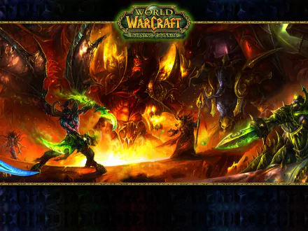 HD PC desktop wallpaper featuring an intense battle scene from World of Warcraft: The Burning Crusade, showcasing iconic characters and fiery, dramatic visuals.