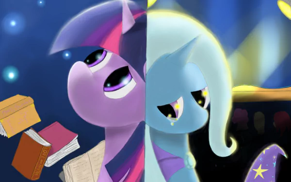 HD PC wallpaper of Twilight Sparkle and Trixie (My Little Pony) in a split portrait with twilight hues, books and stage lights — from the TV show My Little Pony: Friendship Is Magic.