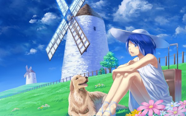 Anime Girl Blue Hair Dog Windmill Blue Eyes Hat HD Wallpaper | Background Image
