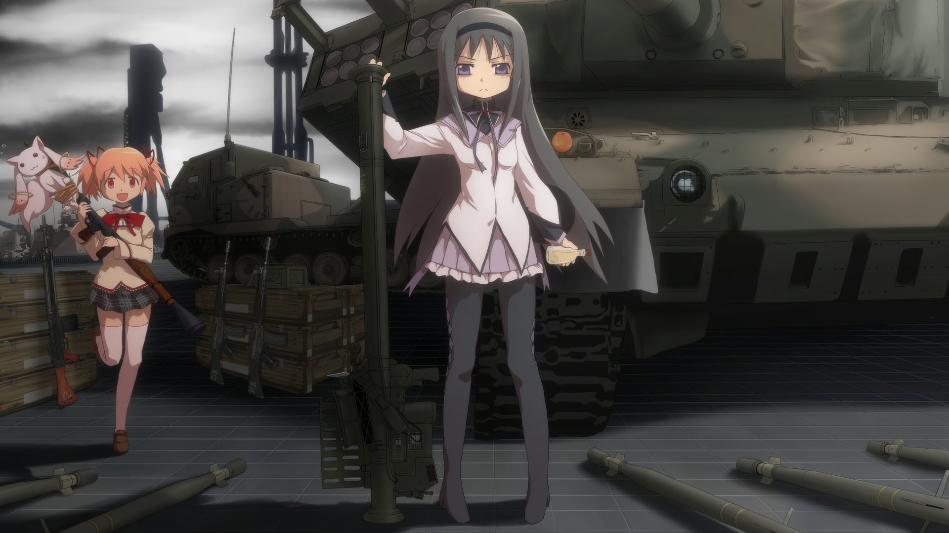 HD PC wallpaper of Puella Magi Madoka Magica: Homura Akemi stands by a tank holding a rifle, Madoka Kaname runs nearby and Kyuubey floats beside them.