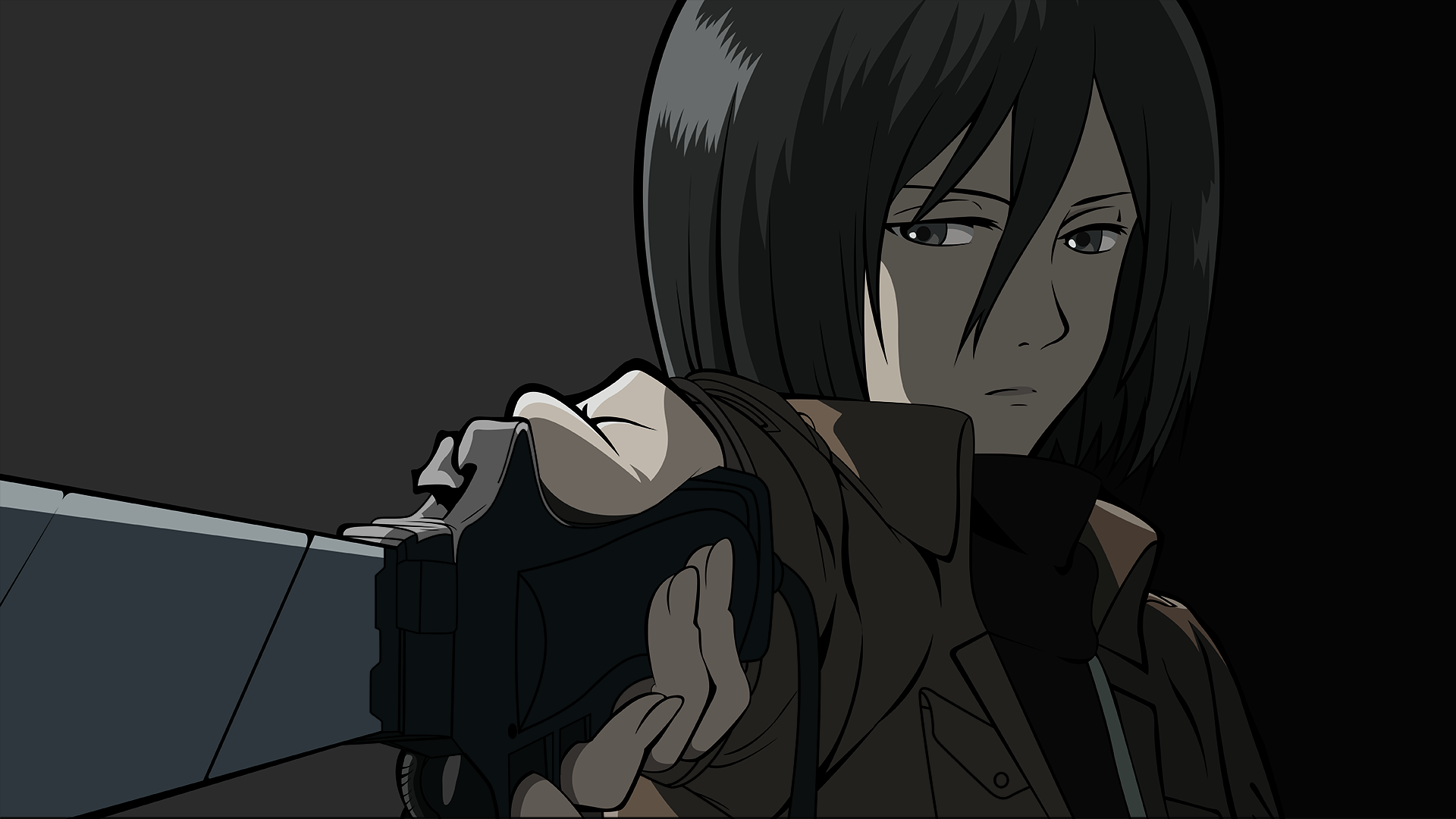 HD desktop wallpaper of Mikasa Ackerman from the anime Attack on Titan, featuring her in a focused, intense pose, set against a dark background.