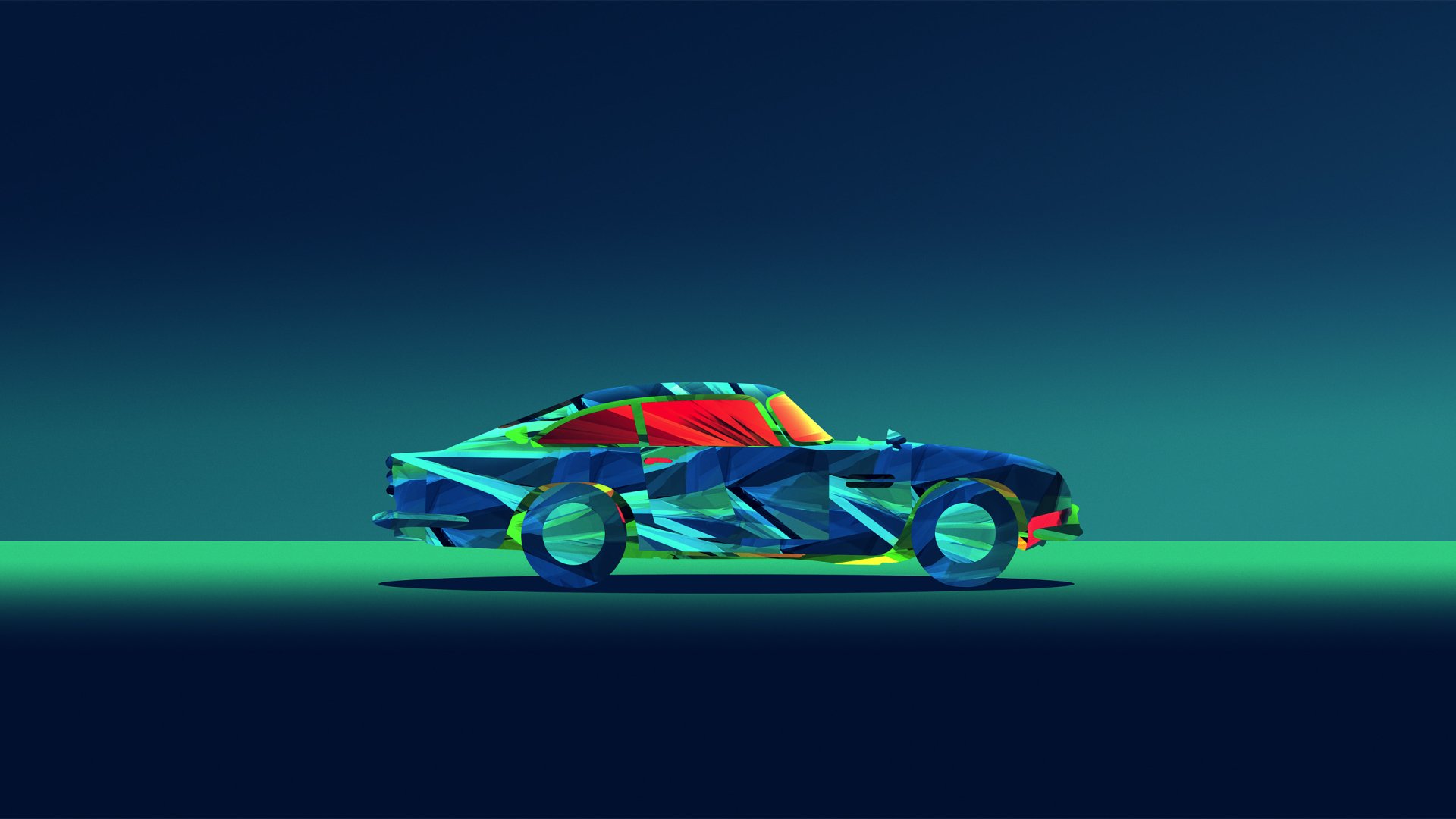 An abstract HD wallpaper featuring a stylized car with vibrant facets in blue, green, and red against a dark gradient background, creating a dynamic and modern visual effect.